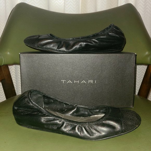 Tahari Carly Black Leather Cap Toe Ballet Flat w 3/4" Hidden Wedge - Picture 1 of 11